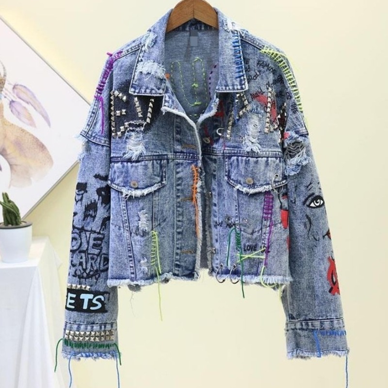 Street Fashion Graffiti - Veste courte en Denim décontractée pour